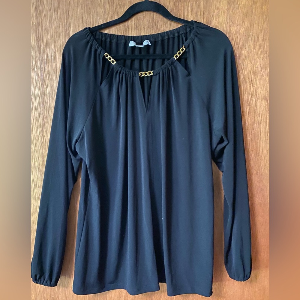 Michael Kors Black Long-Sleeve Top with Triangle Cut-Outs and Gold Chain Accents
